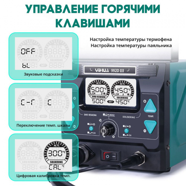 Термовоздушная двухканальная паяльная станция YIHUA 992D-III (С245+термофен)