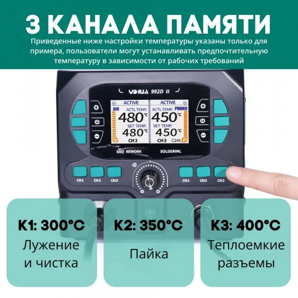 Термовоздушная двухканальная паяльная станция YIHUA 992D-II (С210+термофен)